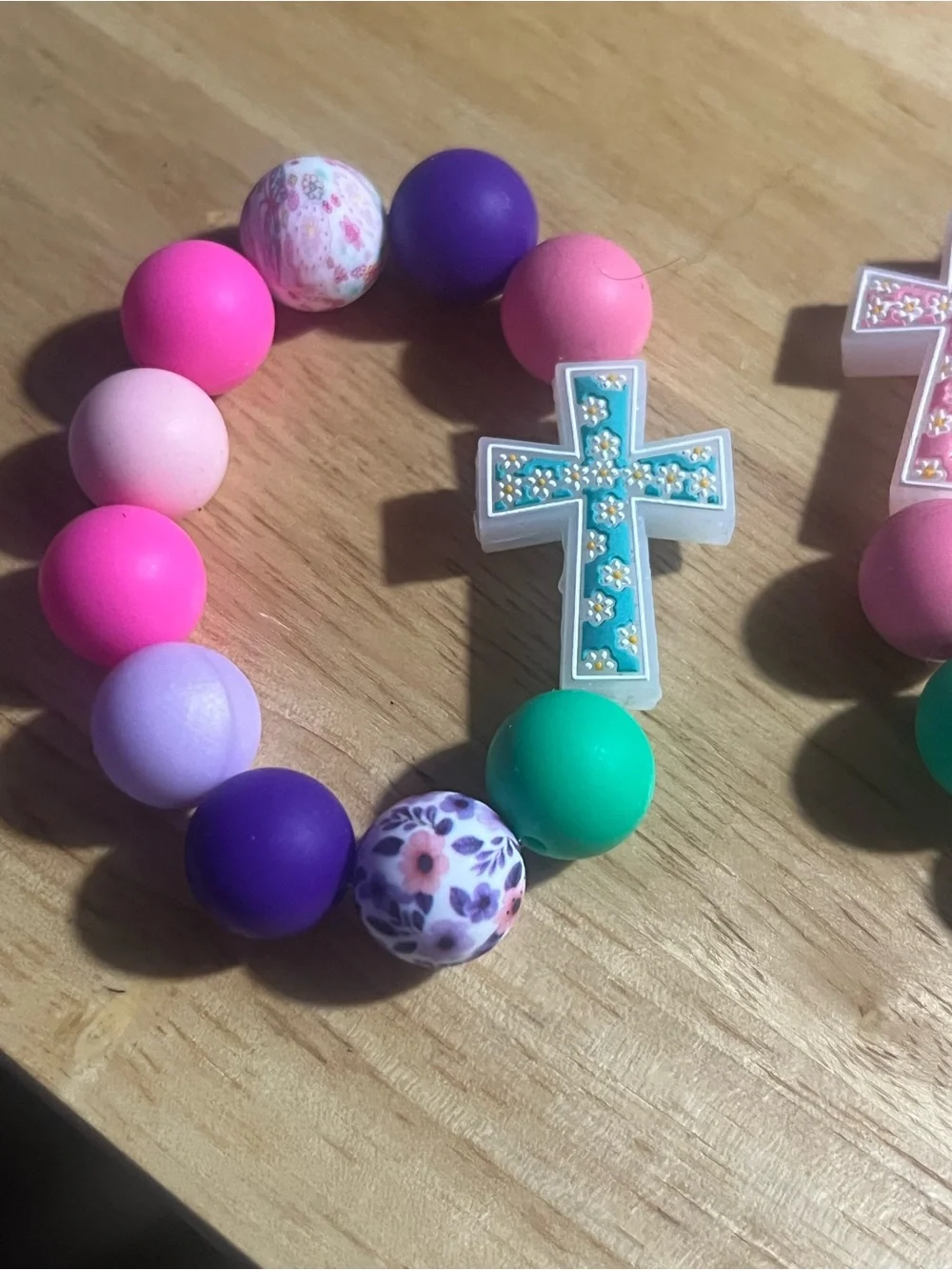 Kids Colorful Beaded Cross Bracelet - Pink, Purple, Green B250
